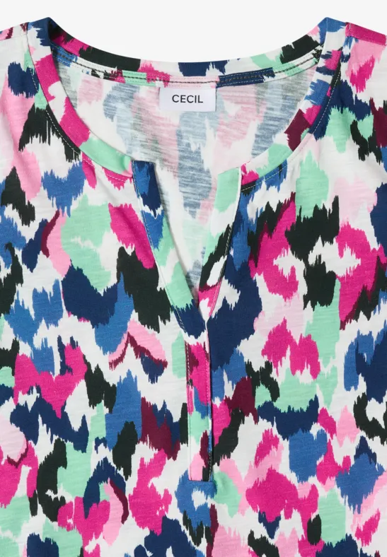 Bunt gemustertes Damenoberteil mit Knopfleiste und Rundhalsausschnitt