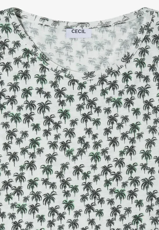 Weißes Tanktop mit grünem Palmenmuster und CECIL-Logo am Kragen.