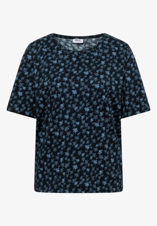 Schwarzes Kurzarmshirt mit zartem hellblauem Blumenmuster.