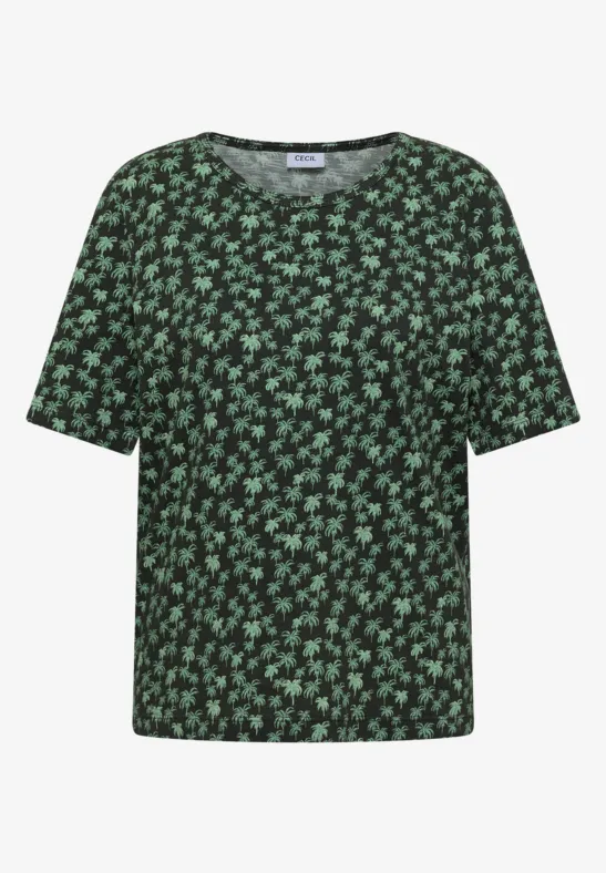 Grünes T-Shirt mit lockerem Schnitt und kleinem weiß-grünem Blumenmuster