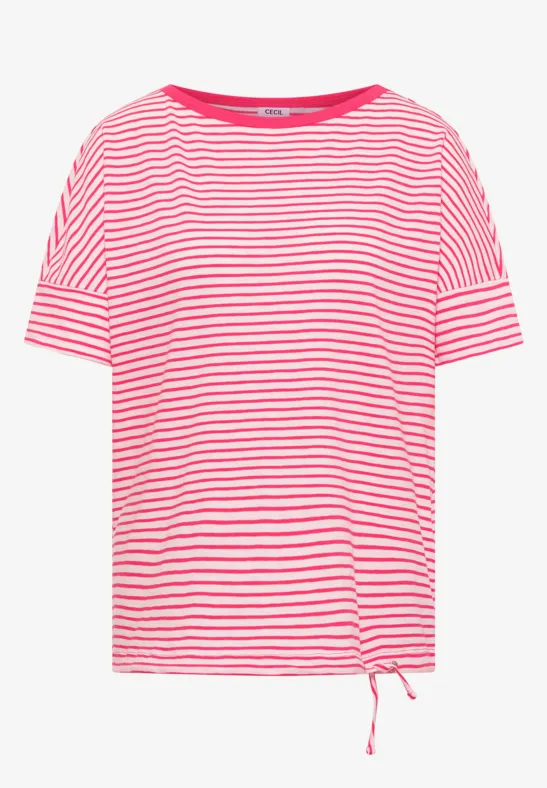 Rot-weiß gestreiftes T-Shirt mit Rundhals und Kordelzug am Saum