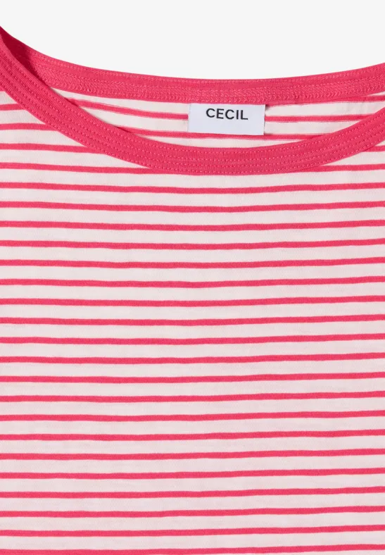 Pink-weiß gestreiftes T-Shirt mit Rundhalsausschnitt und Markenlabel am Nacken