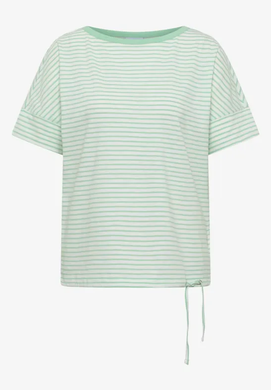 Weiß-grün gestreiftes T-Shirt mit kurzem Arm, weitem Schnitt und Kordelzug am Saum.