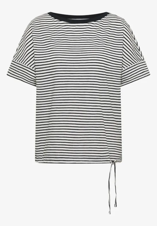 Lässiges Kurzarm-Shirt mit schwarzen und weißen Streifen, weitem Rundhalsausschnitt und seitlicher Kordel am Saum.