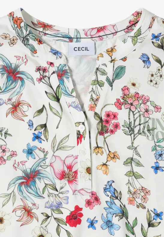 Witte bloes met kleurrijk bloemenprint en korte knoopsluiting, merklabel CECIL zichtbaar.