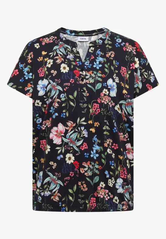 Zwart T-shirt met kleurrijke bloemenprint, korte mouwen, V-hals.