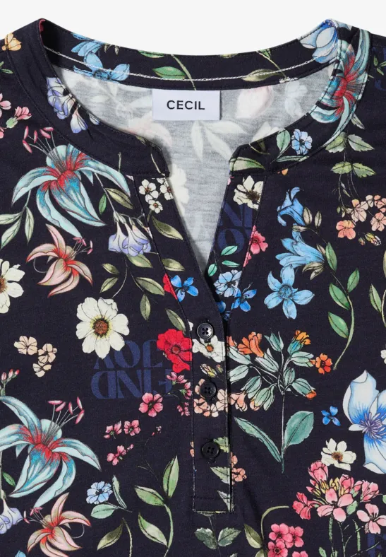 Donkerblauw damesbovenstuk met V-hals en kleurrijk bloemenpatroon van CECIL.