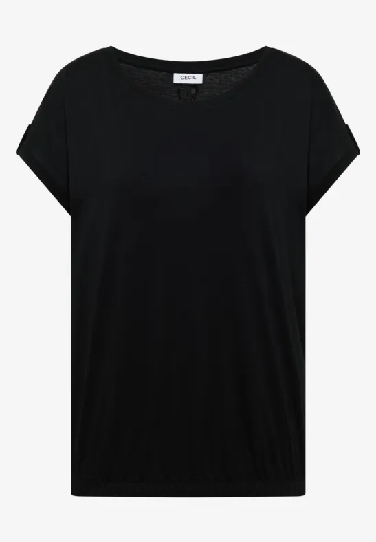 Schwarzes, kurzärmeliges T-Shirt mit rundem Halsausschnitt.