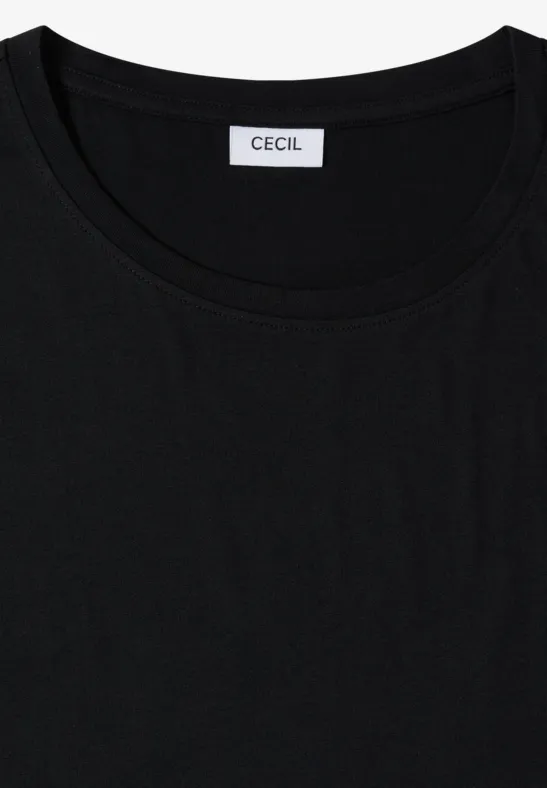 Ein schlichtes schwarzes T-Shirt mit rundem Ausschnitt und CECIL-Label am Kragen