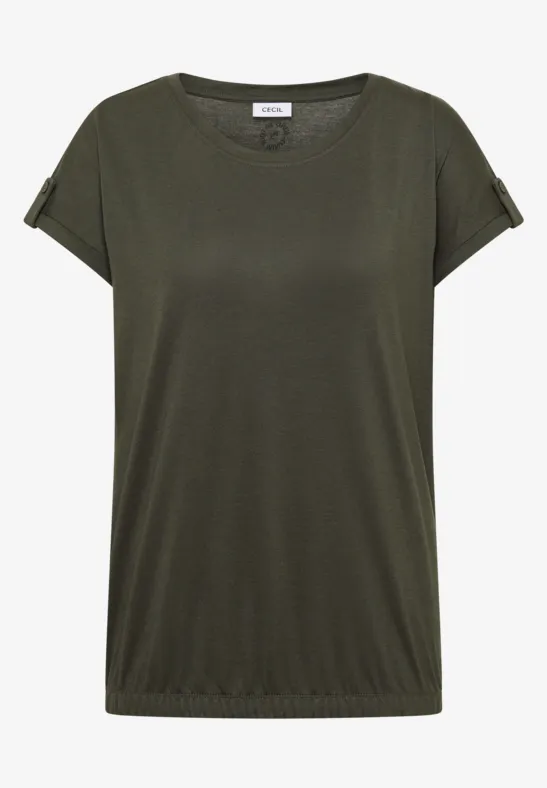 Ein schlichtes, olivegrünes Damen-T-Shirt mit legerem Schnitt, kurzen umgeschlagenen Ärmeln und Rundhalsausschnitt.