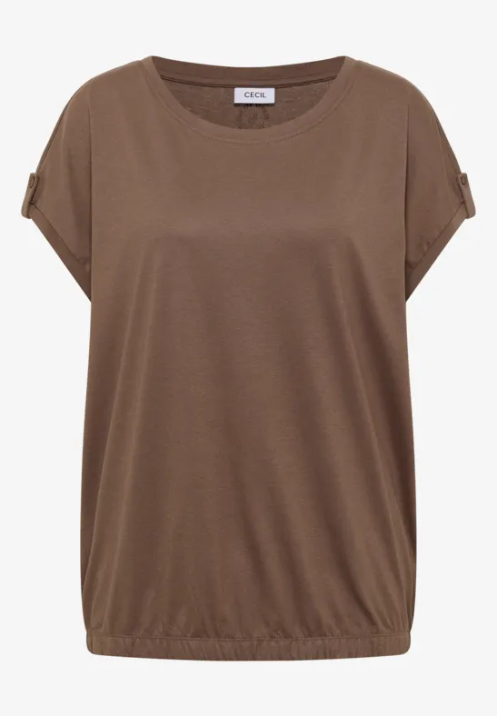 Haut marron pour femme, coupe ample, manches courtes, encolure ronde et ourlet élastiqué.