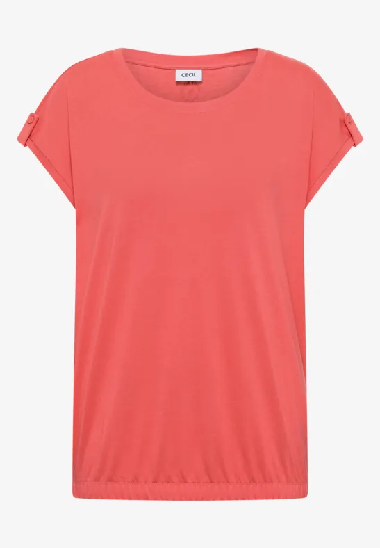 Korallfarbenes, kurzärmliges Damenshirt mit weitem Rundhalsausschnitt und legerem Schnitt.