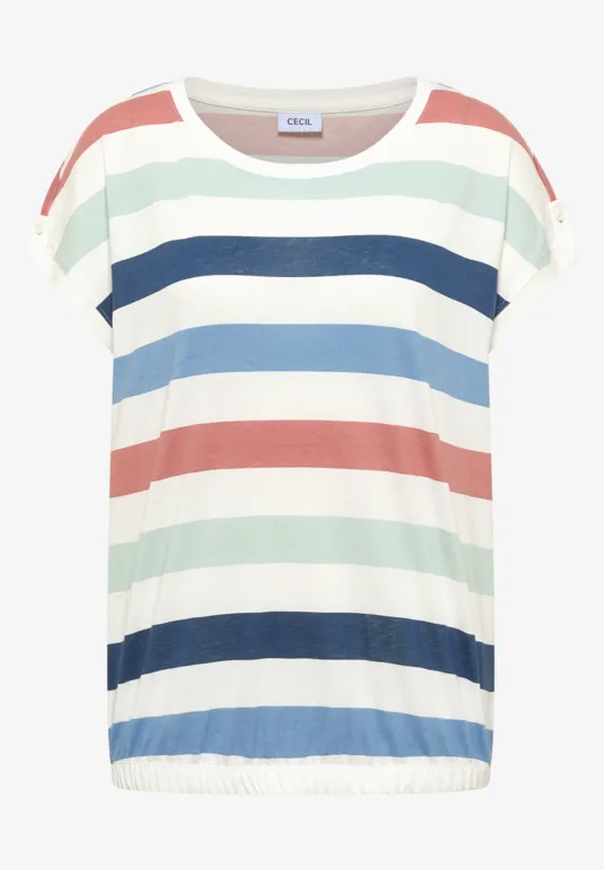 Loszittend T-shirt met horizontale kleurrijke strepen, casual stijl