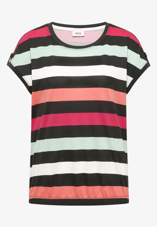 T-shirt à manches courtes avec rayures horizontales colorées en noir, blanc, menthe, corail et rose.