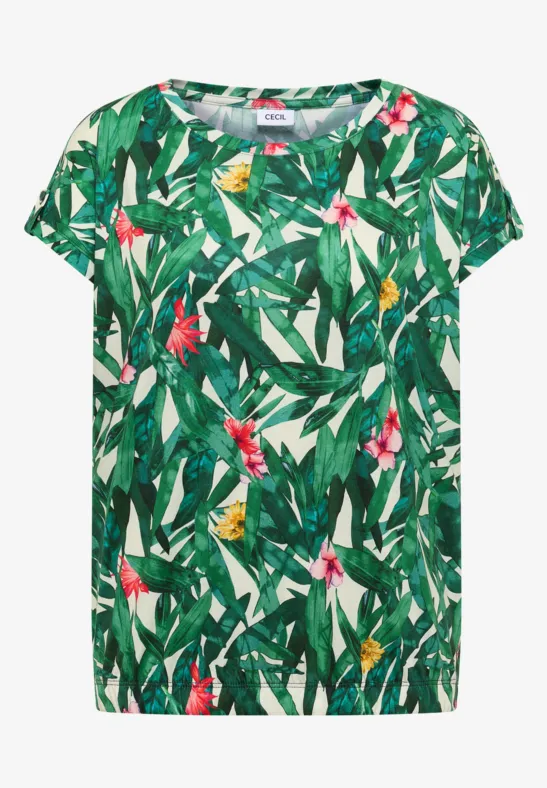 T-Shirt mit kurzen Ärmeln und tropischem Muster aus grünen Blättern und rosa Blumen