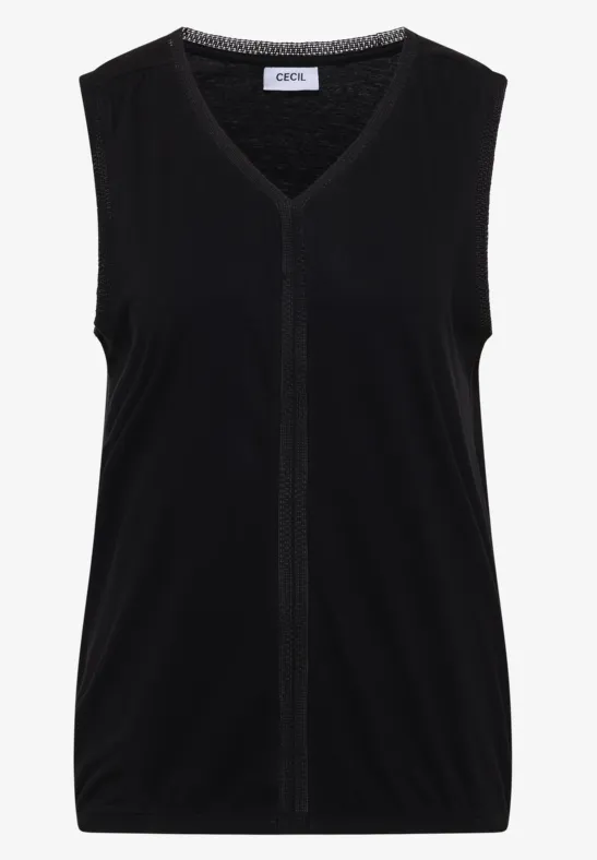 Zwarte mouwloze top met V-hals en verticale middennaad.