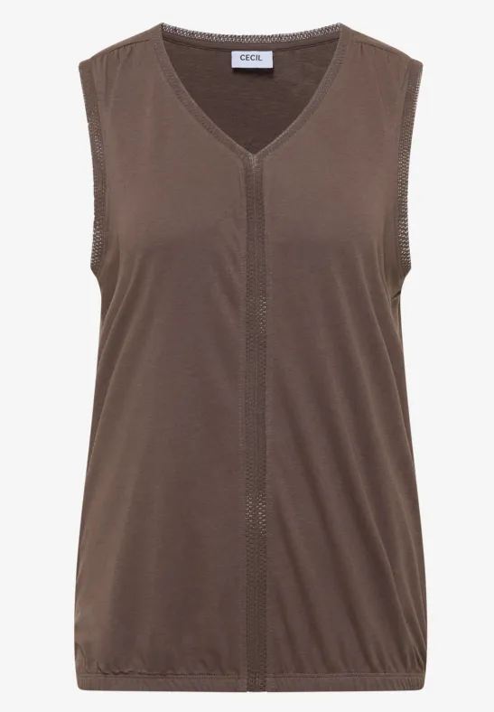 Mouwloze bruine top met V-hals, slanke pasvorm en soepele stof.