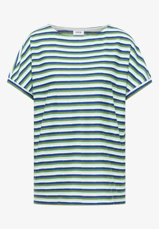 Wit T-shirt met groene en blauwe horizontale strepen en korte mouwen.