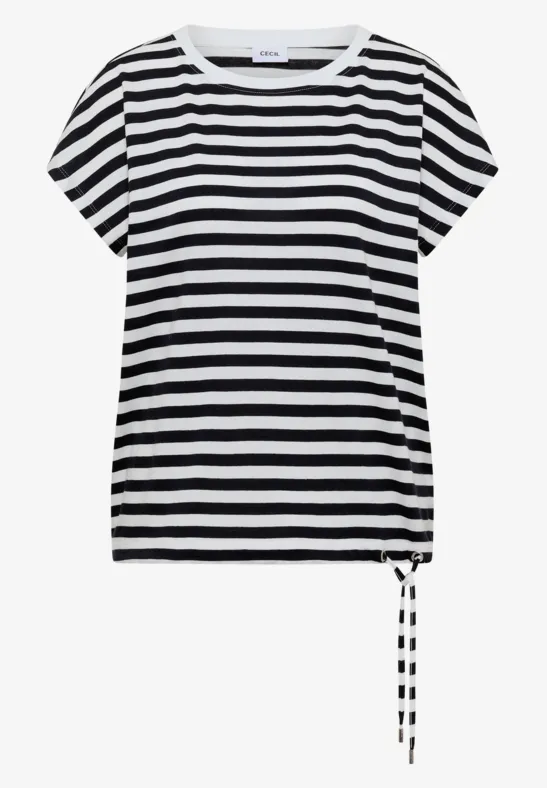 T-shirt rayé noir et blanc à manches courtes avec cordon décoratif sur le côté