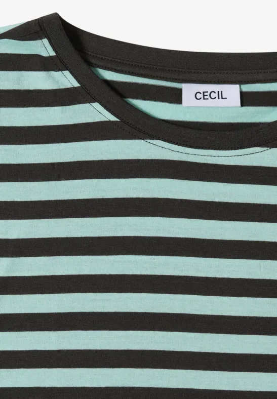 T-shirt w czarne i miętowe paski z okrągłym dekoltem.