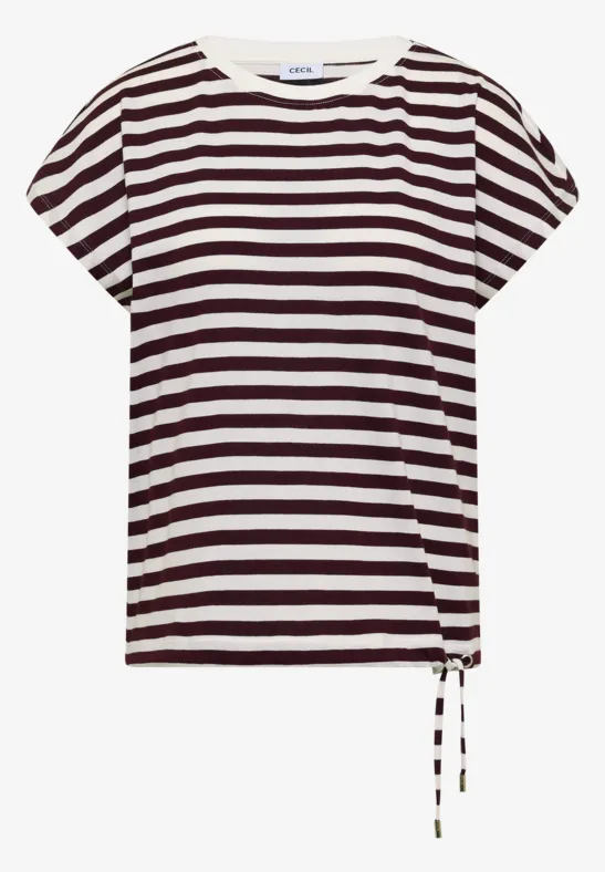 T-shirt court à manches courtes, rayé blanc et bordeaux, avec petit nœud sur le côté.