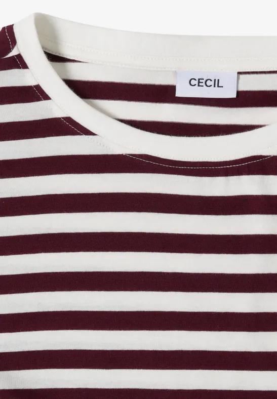 T-shirt rayé blanc et bordeaux, col rond, étiquette 'CECIL'