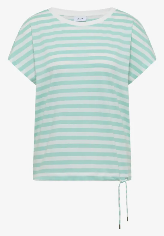 T-shirt manches courtes à rayures vert menthe et blanc, lien coulissant sur le côté de l’ourlet.