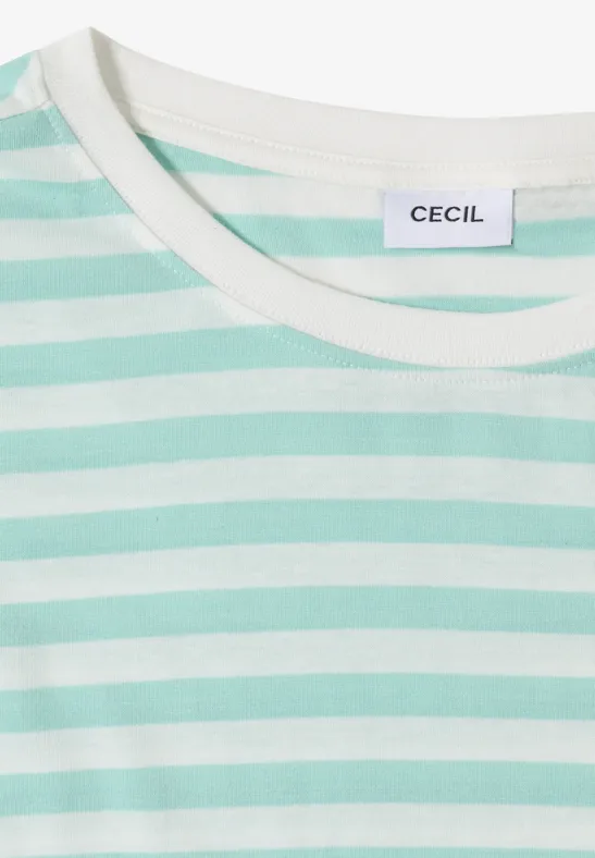 T-shirt à rayures horizontales mint et blanc, col rond, avec étiquette 'CECIL'.