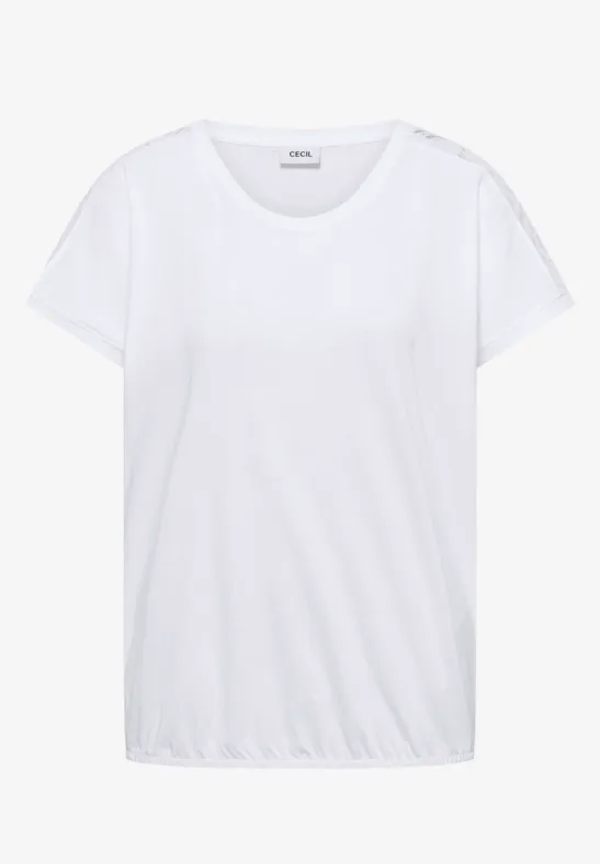 Schlichtes weißes T-Shirt mit Rundhalsausschnitt und kurzen Ärmeln auf weißem Hintergrund.