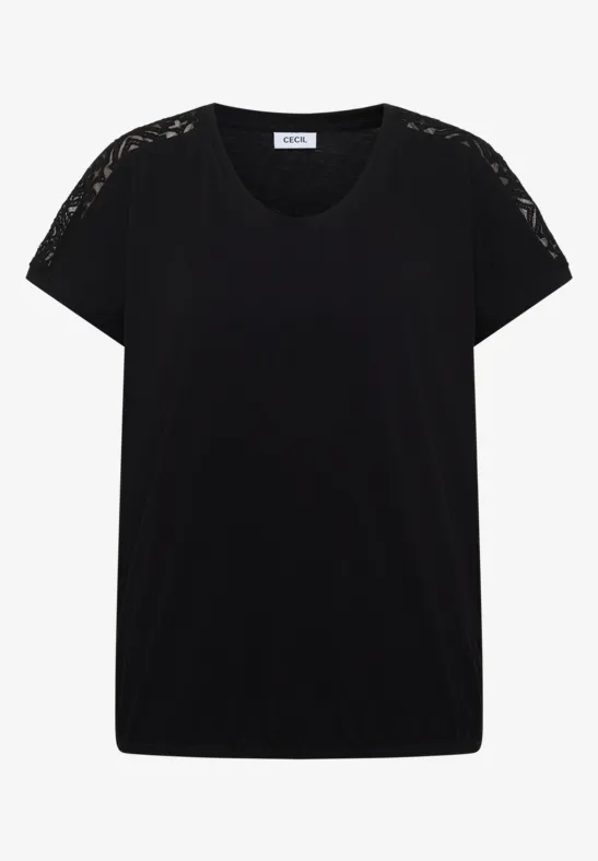 Schlichtes schwarzes Damen-T-Shirt mit Spitzenbesatz auf den Schultern.