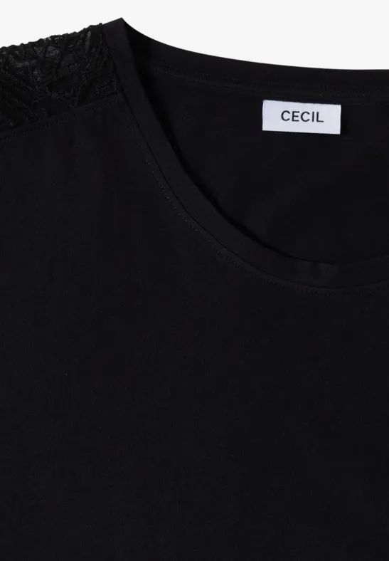 Schwarzes T-Shirt mit V-Ausschnitt und Spitzenbesatz an der Schulter, Marke CECIL.