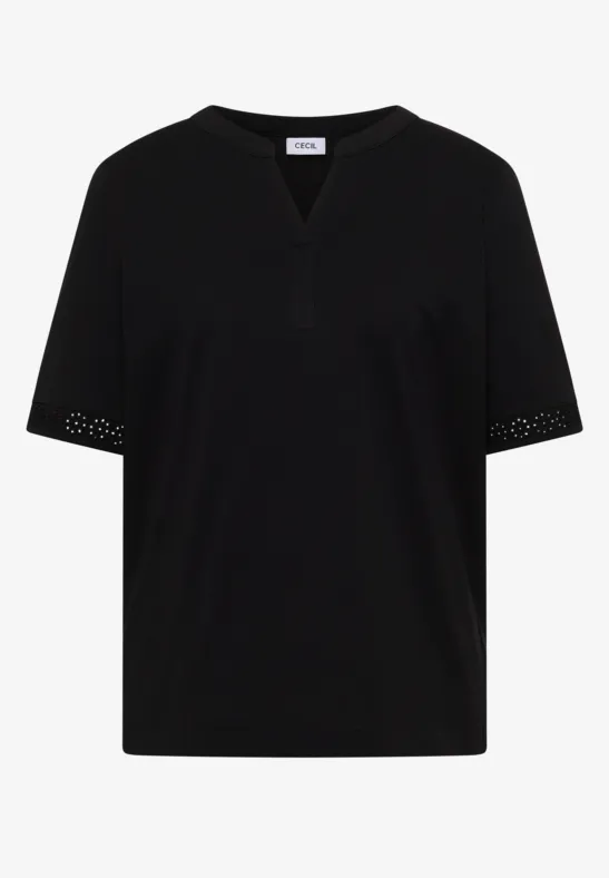Zwart T-shirt met V-hals en fijne ajourstofversiering op de mouwen.