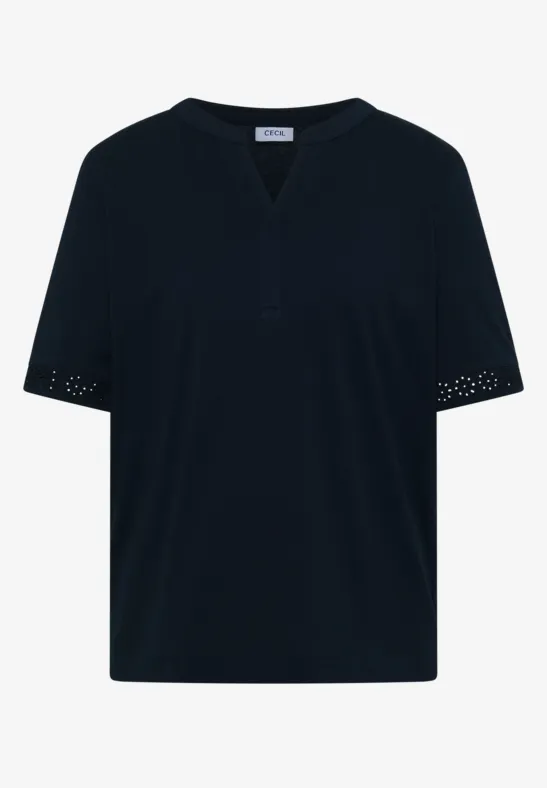 Zwart T-shirt met korte mouwen, V-hals en verfijnde opengewerkte borduursels op de mouwboorden.