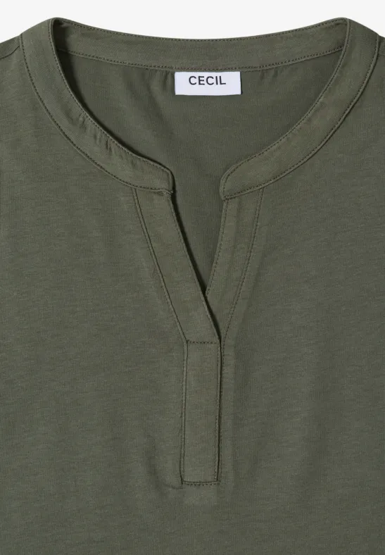 Olivgroen dames-T-shirt met open ronde hals en korte knoopsluiting, merk CECIL.