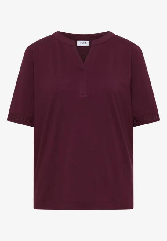 Effen donkerrood T-shirt met korte mouwen en V-hals