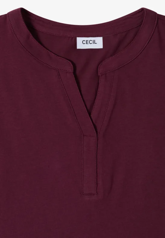 Effen bordeauxrood damesshirt met tuniekhals en V-hals, merk CECIL.