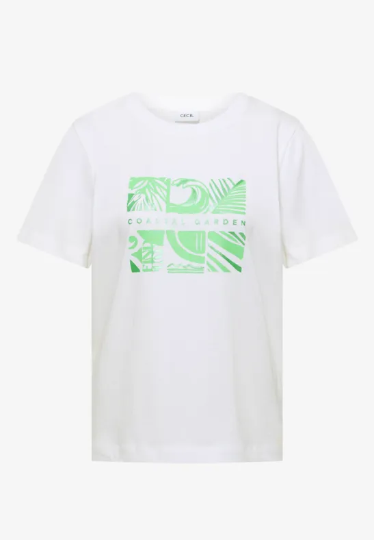 Witte T-shirt met groen grafisch blokprint, abstracte lijnen en organische vormen