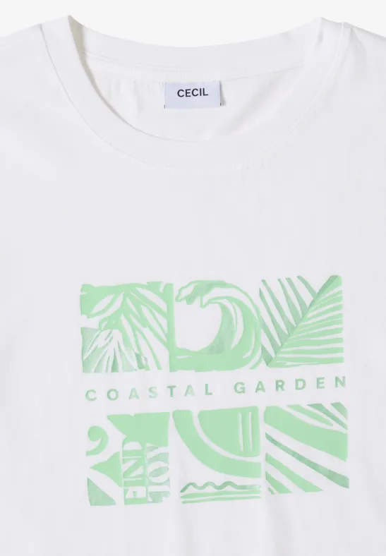 Wit T-shirt met groen abstract motief en opdruk "Coastal Garden".