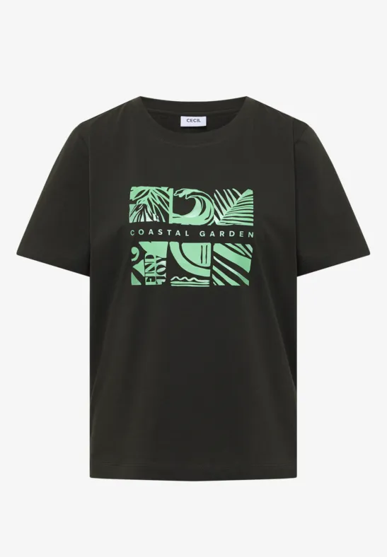 Zwart T-shirt met groen, tropisch vierkant patroon en 'Coastal Garden'-opschrift.