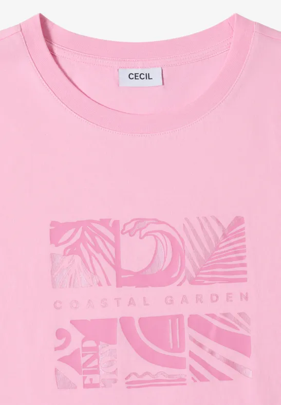 Roze dames T-shirt met ronde hals, label CECIL en graphic Coastal Garden-print in blokvorm.