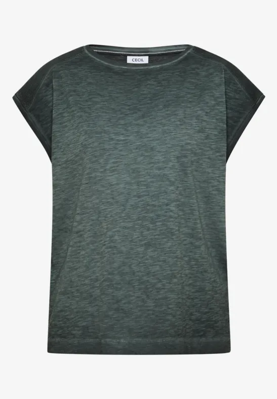 Dunkelgrünes, kurzärmeliges Damen-T-Shirt mit lässigem Schnitt.