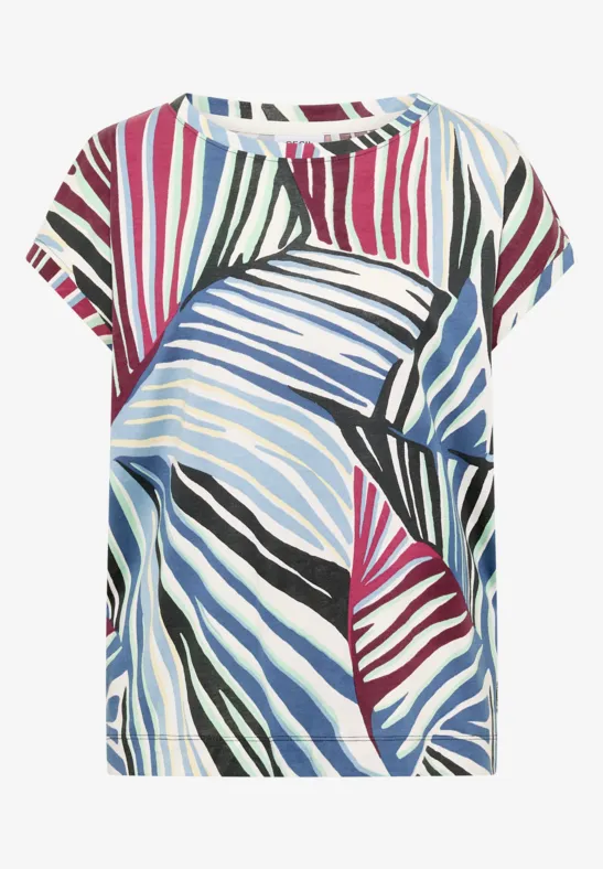 Kurzarm-Shirt mit abstraktem Streifenmuster in Blau, Rosa, Schwarz und Weiß.