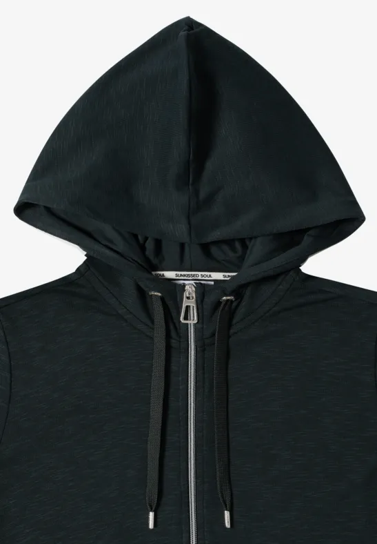 Schwarzer Kapuzenpullover mit Reißverschluss und langen Kordeln