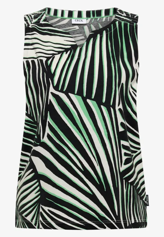 Ärmelloses Damen-Top mit schwarz-weißen Zebramuster und grünen Streifen