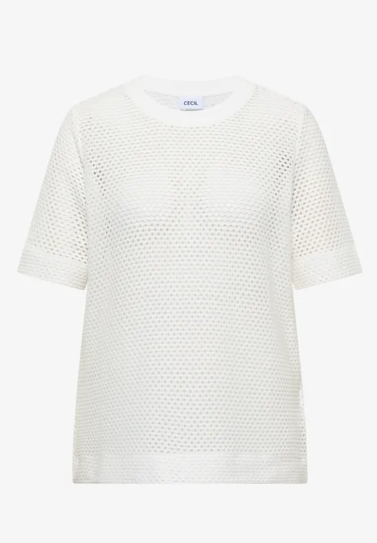 Wit mesh T-shirt met korte mouwen en ronde hals.