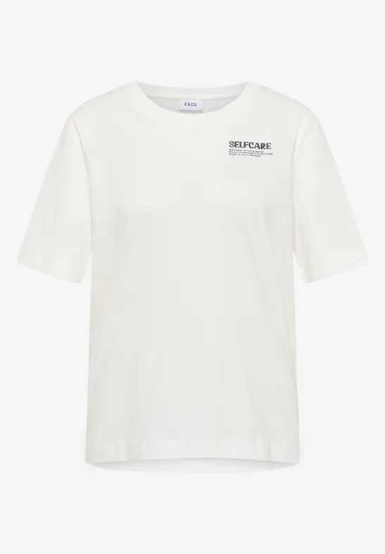 Weißes T-Shirt mit kurzen Ärmeln und kleinem, schwarzem Logo auf der linken Brust