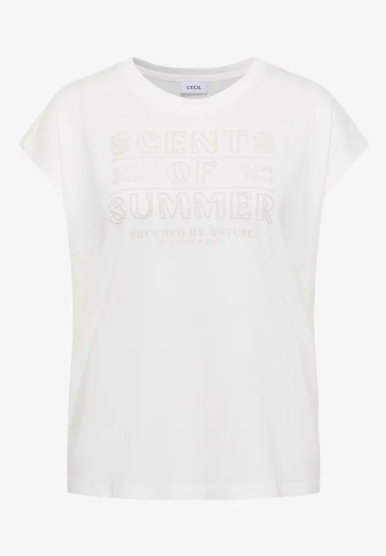 Wit dames-T-shirt met doorlopende schouders en subtiele "SCIENTIFIC SUMMER" frontprint