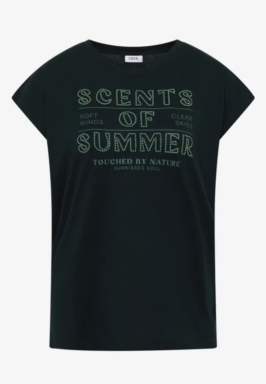 Zwart T-shirt met korte mouwen en groene opdruk 'SCENTS OF SUMMER touched by nature'.