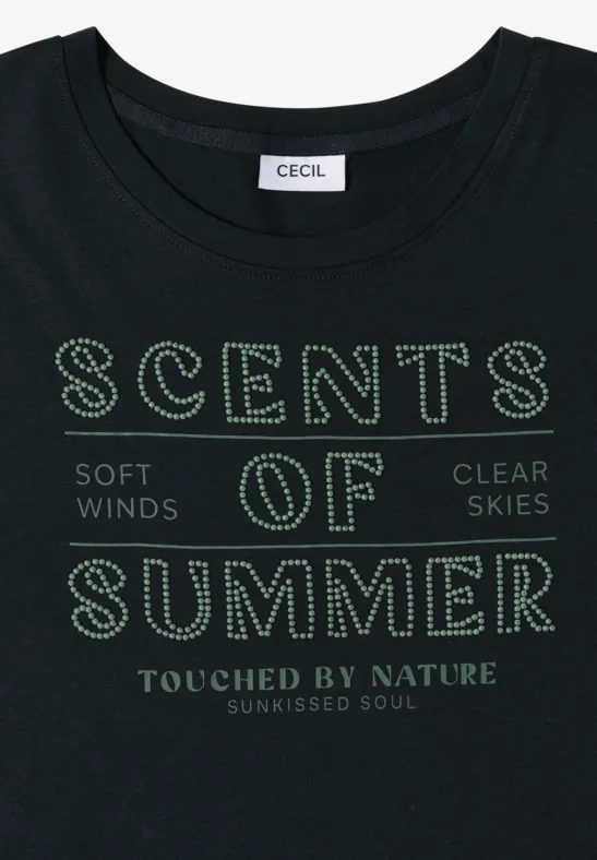 Zwart T-shirt met ronde hals en groene tekstprint 'SCENTS OF SUMMER' van CECIL