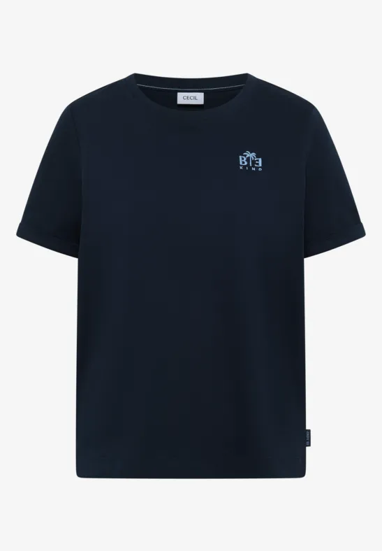 Schlichtes dunkelblaues T-Shirt mit Rundhalsausschnitt und kleinem hellblauen Logo auf der Brust.